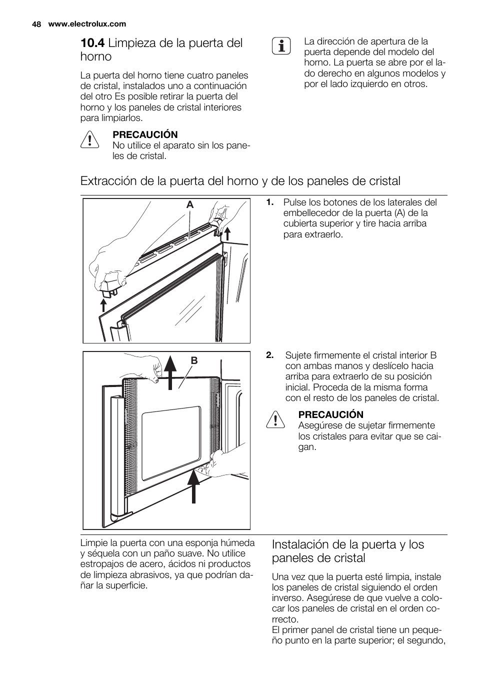 4 limpieza de la puerta del horno, Instalación de la puerta y los paneles de cristal | Electrolux EOZ3430DAX User Manual | Page 48 / 56