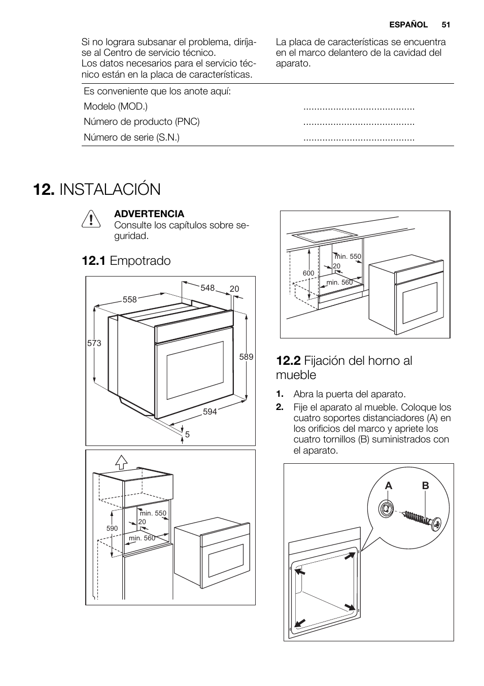 Instalación, 1 empotrado, 2 fijación del horno al mueble | Electrolux EOZ3430DAX User Manual | Page 51 / 56