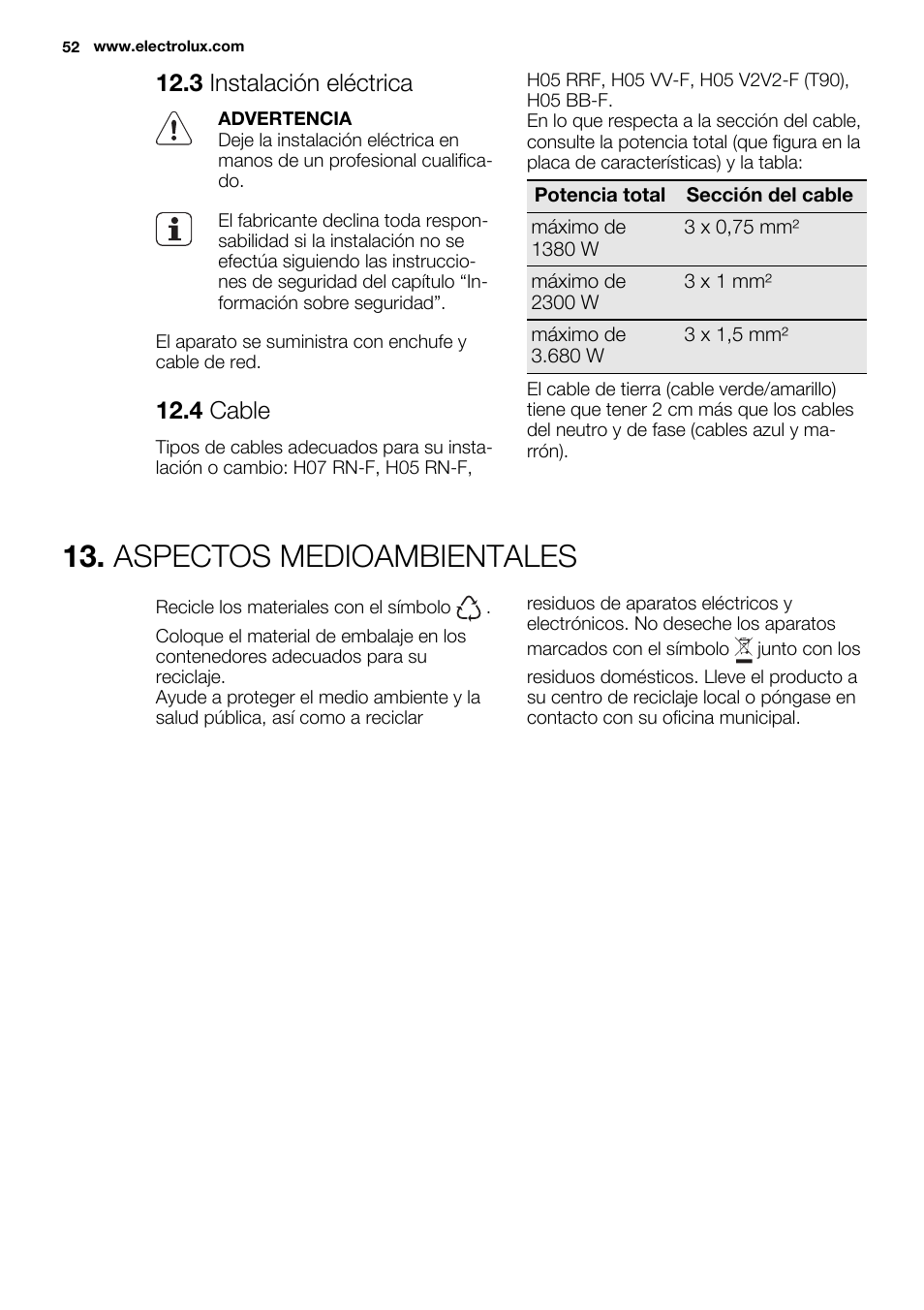 Aspectos medioambientales, 3 instalación eléctrica, 4 cable | Electrolux EOZ3430DAX User Manual | Page 52 / 56