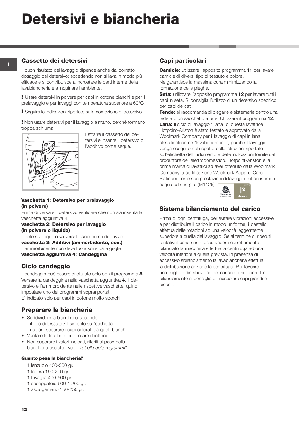 Detersivi e biancheria | Hotpoint Ariston Encastrable AWM 129 (EU) User Manual | Page 12 / 56