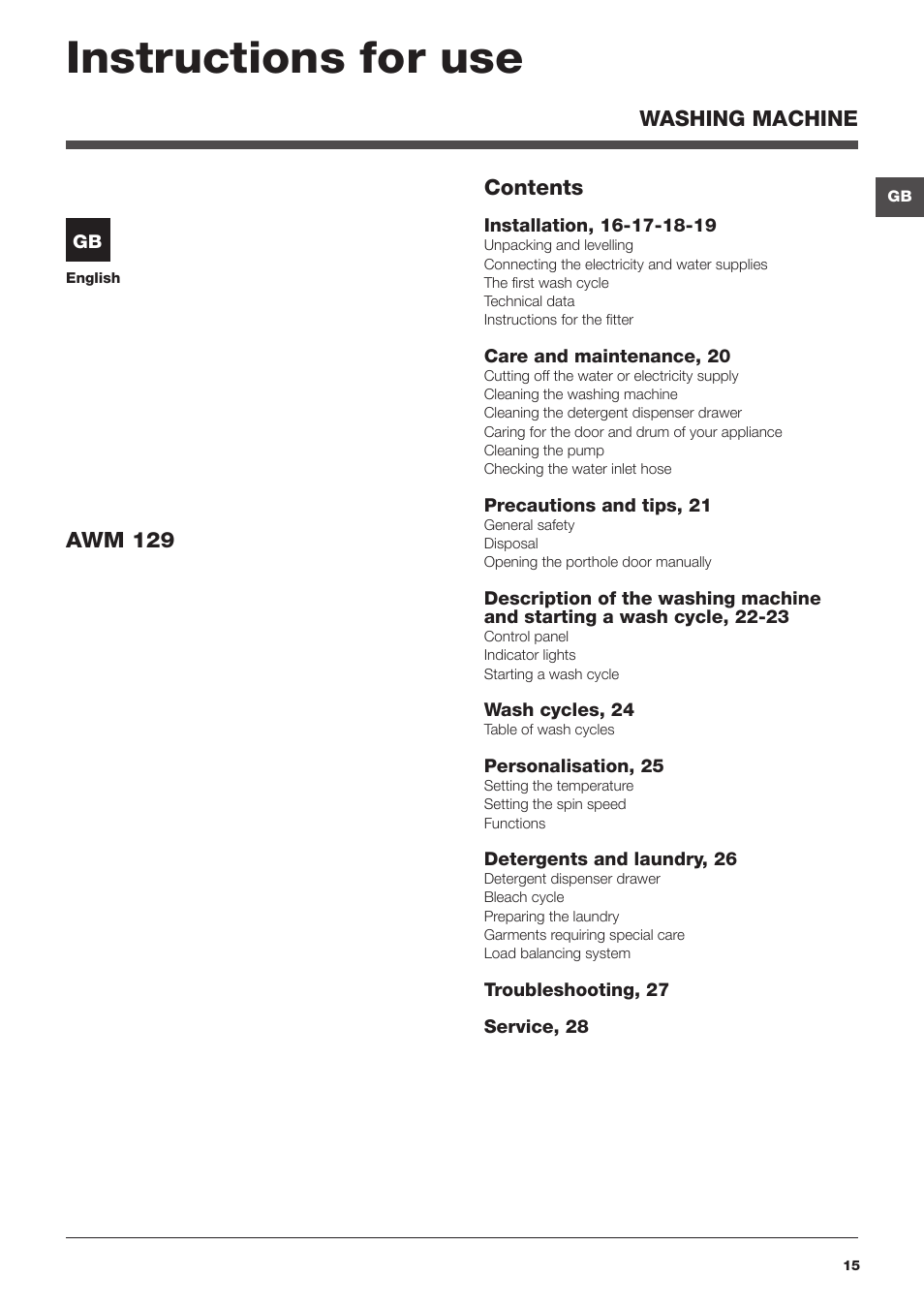 Instructions for use | Hotpoint Ariston Encastrable AWM 129 (EU) User Manual | Page 15 / 56