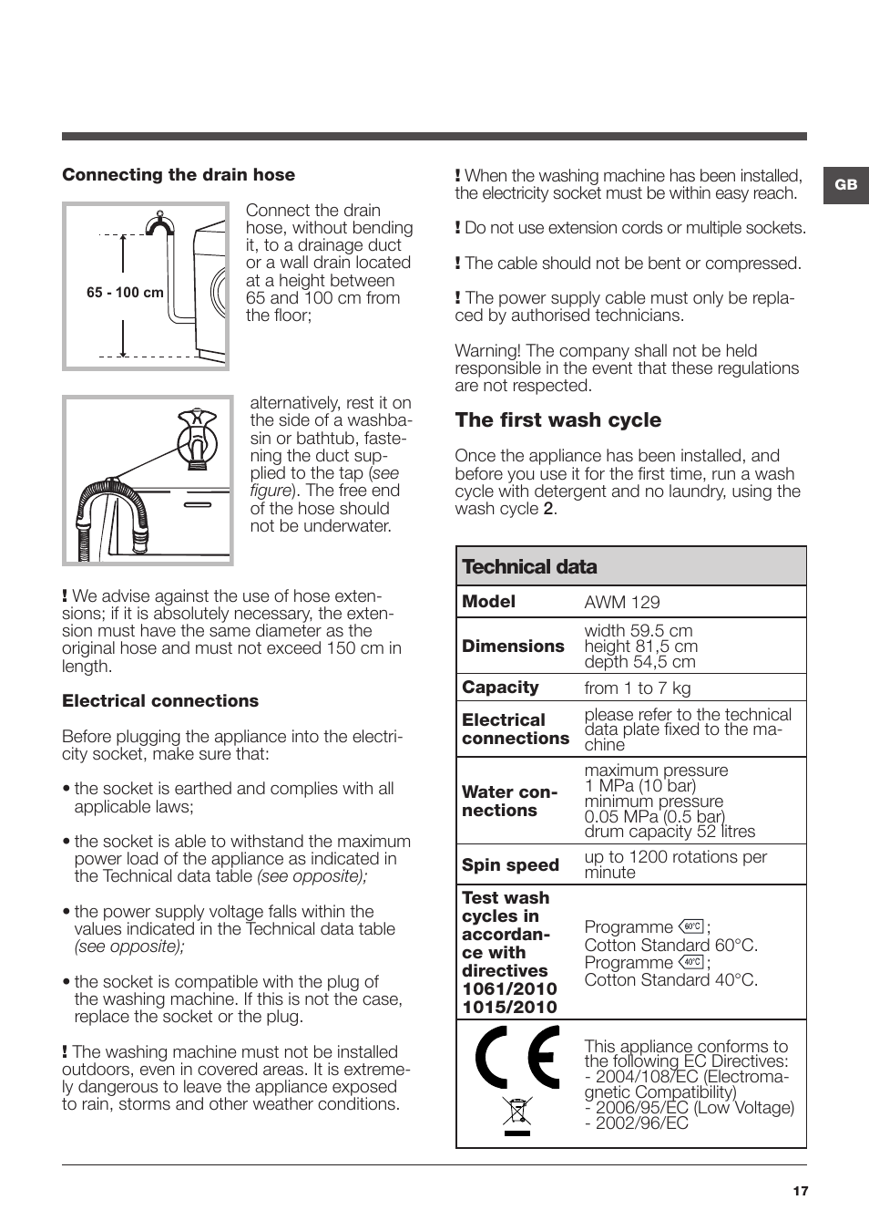 Hotpoint Ariston Encastrable AWM 129 (EU) User Manual | Page 17 / 56