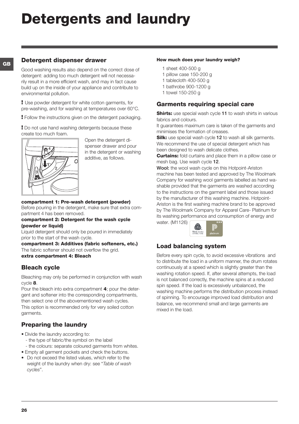 Detergents and laundry | Hotpoint Ariston Encastrable AWM 129 (EU) User Manual | Page 26 / 56