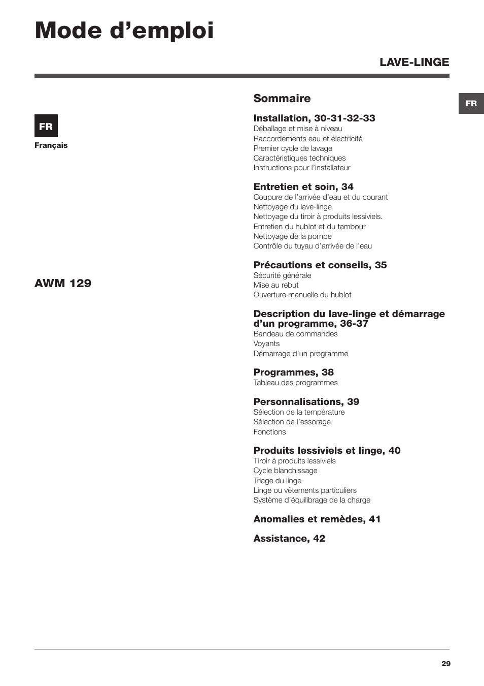 Mode d’emploi | Hotpoint Ariston Encastrable AWM 129 (EU) User Manual | Page 29 / 56