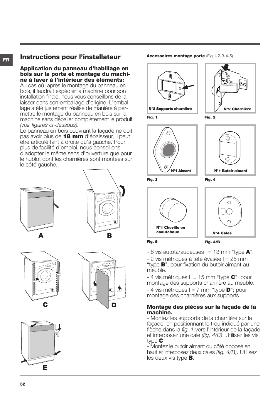 Instructions pour l’installateur, Ab c d e | Hotpoint Ariston Encastrable AWM 129 (EU) User Manual | Page 32 / 56