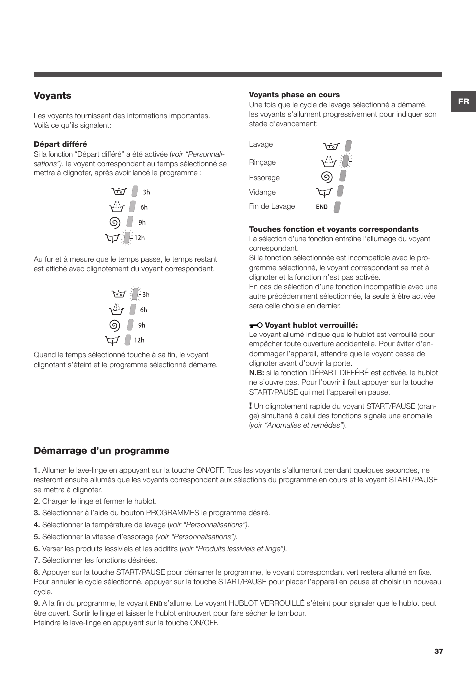 Voyants, Démarrage d’un programme | Hotpoint Ariston Encastrable AWM 129 (EU) User Manual | Page 37 / 56