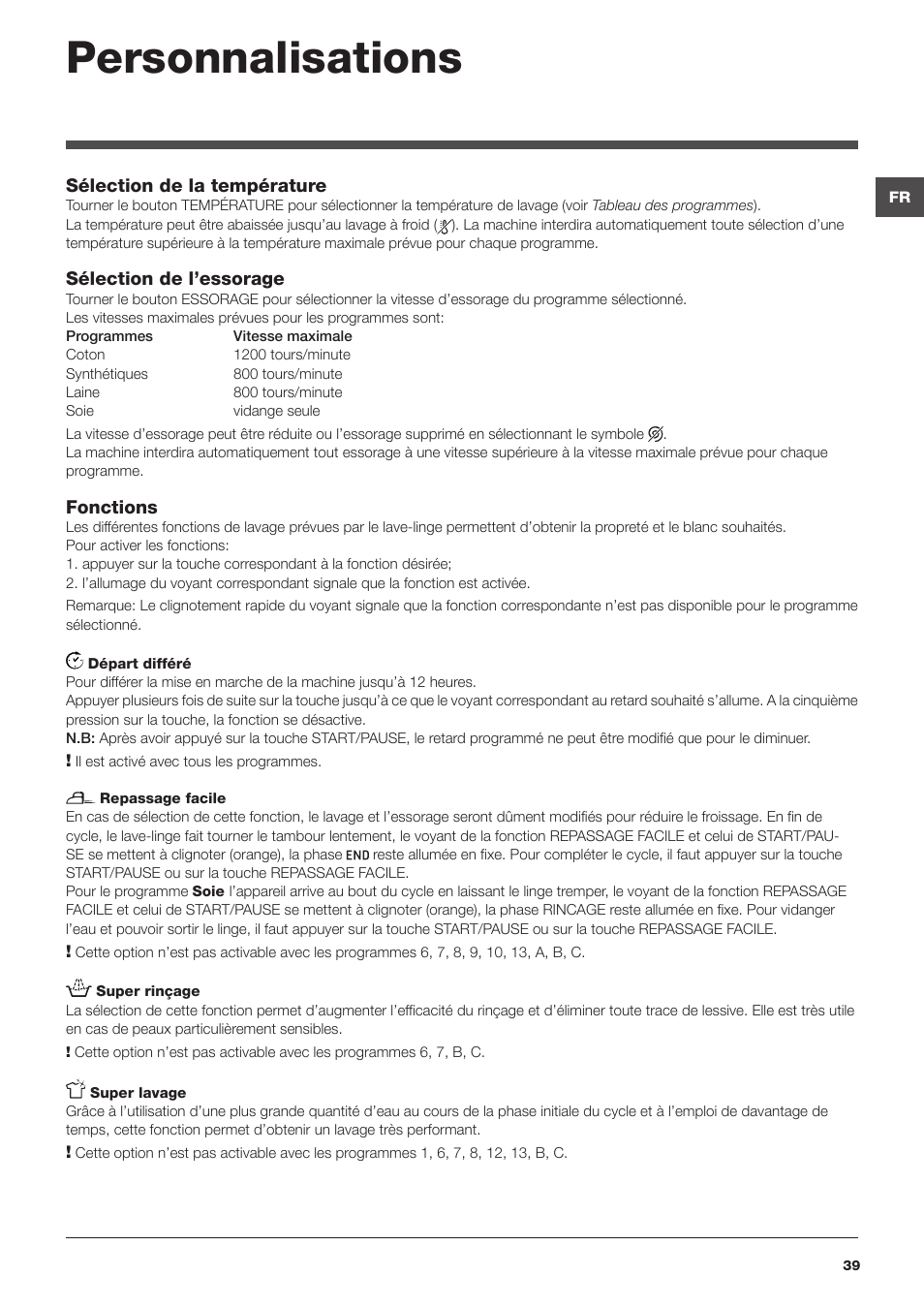 Personnalisations | Hotpoint Ariston Encastrable AWM 129 (EU) User Manual | Page 39 / 56