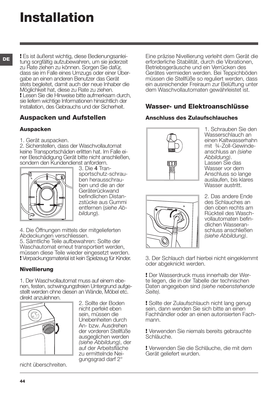 Installation | Hotpoint Ariston Encastrable AWM 129 (EU) User Manual | Page 44 / 56