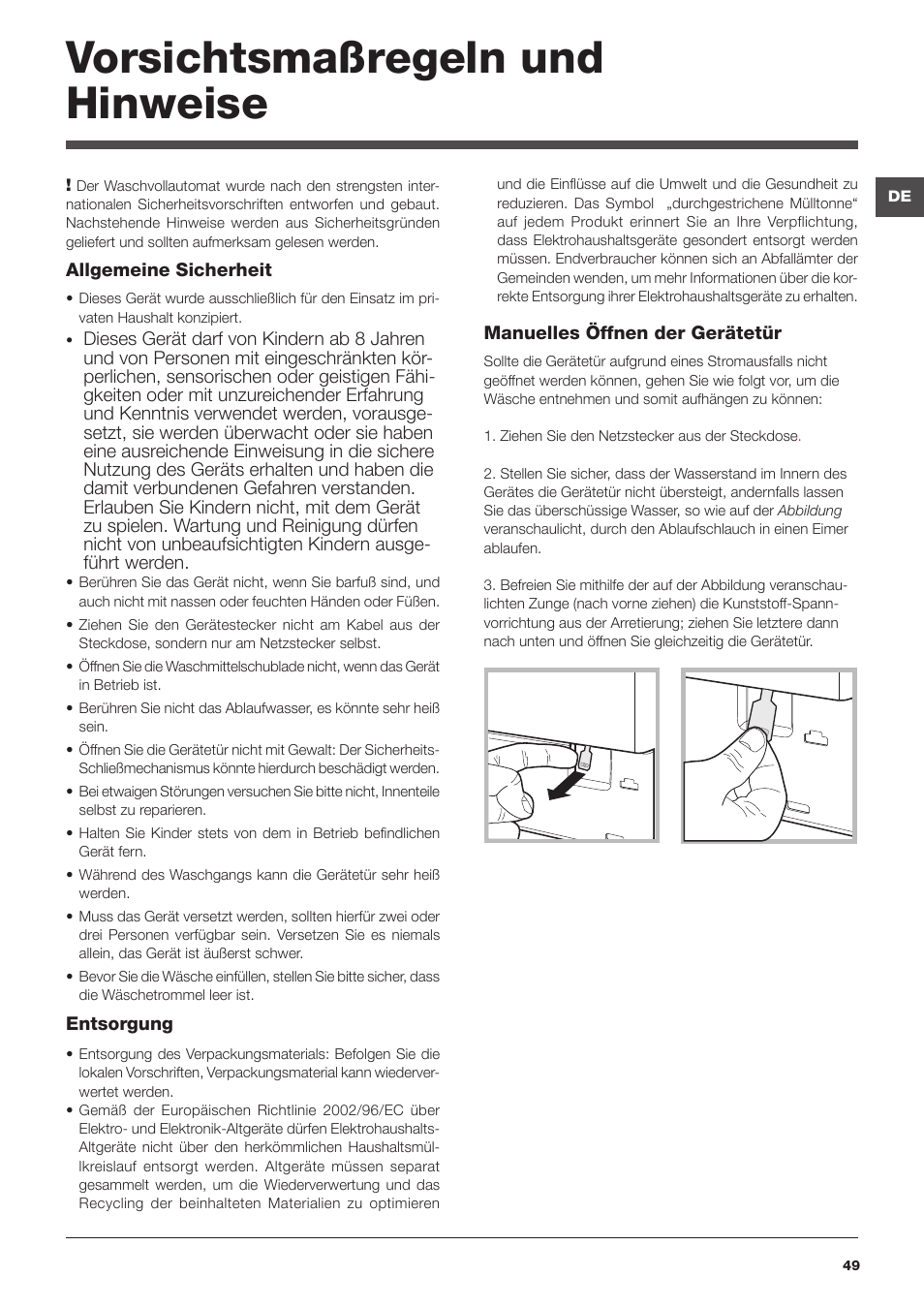 Vorsichtsmaßregeln und hinweise | Hotpoint Ariston Encastrable AWM 129 (EU) User Manual | Page 49 / 56