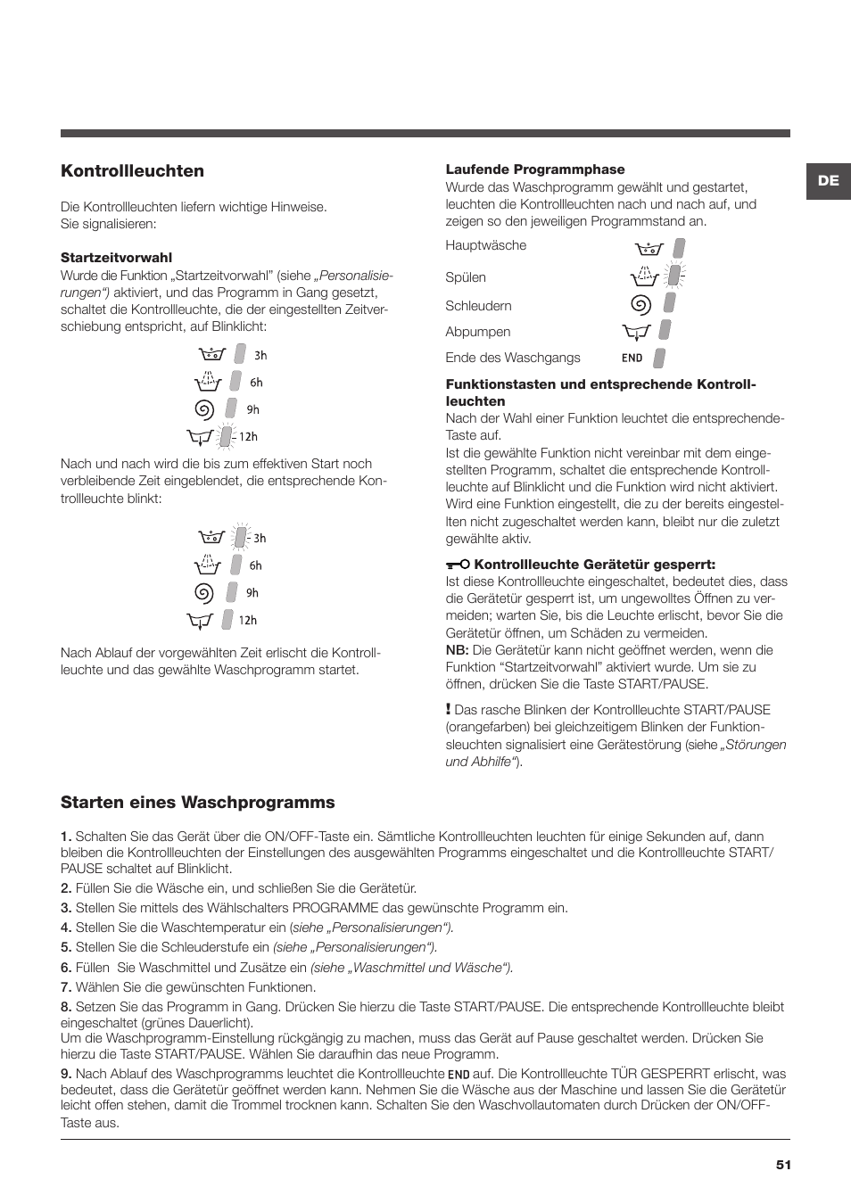 Kontrollleuchten, Starten eines waschprogramms | Hotpoint Ariston Encastrable AWM 129 (EU) User Manual | Page 51 / 56