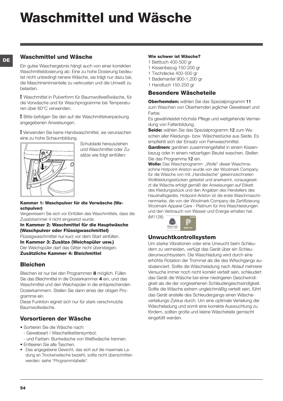 Waschmittel und wäsche | Hotpoint Ariston Encastrable AWM 129 (EU) User Manual | Page 54 / 56