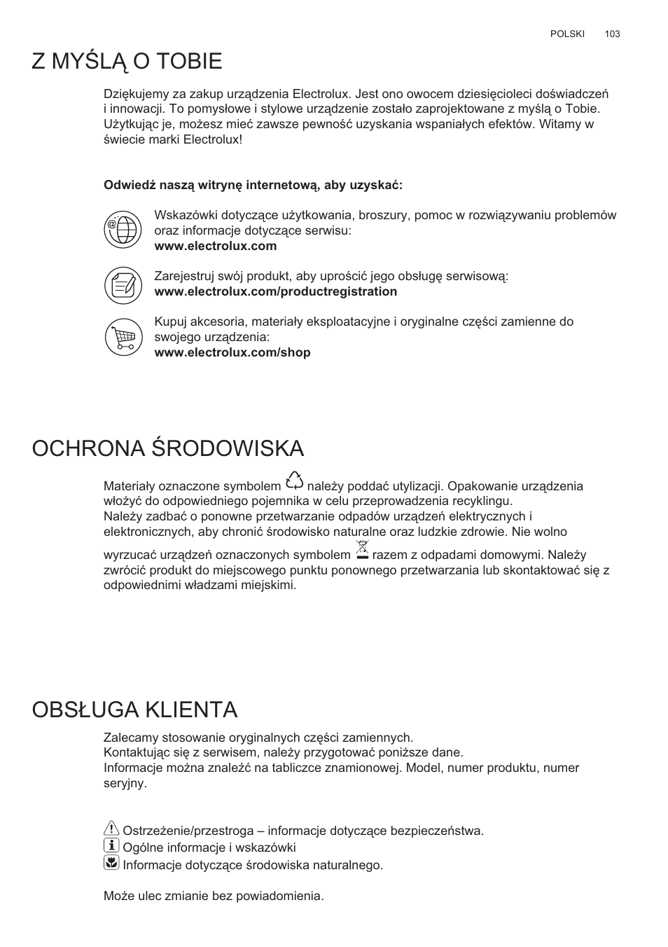 Z my ĝlą o tobie, Ochrona ĝrodowiska, Obs àuga klienta | Electrolux EFP60426X User Manual | Page 103 / 160