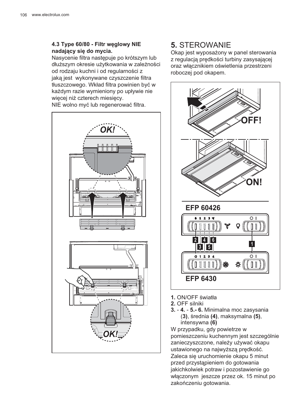 Off! on, Sterowanie | Electrolux EFP60426X User Manual | Page 106 / 160