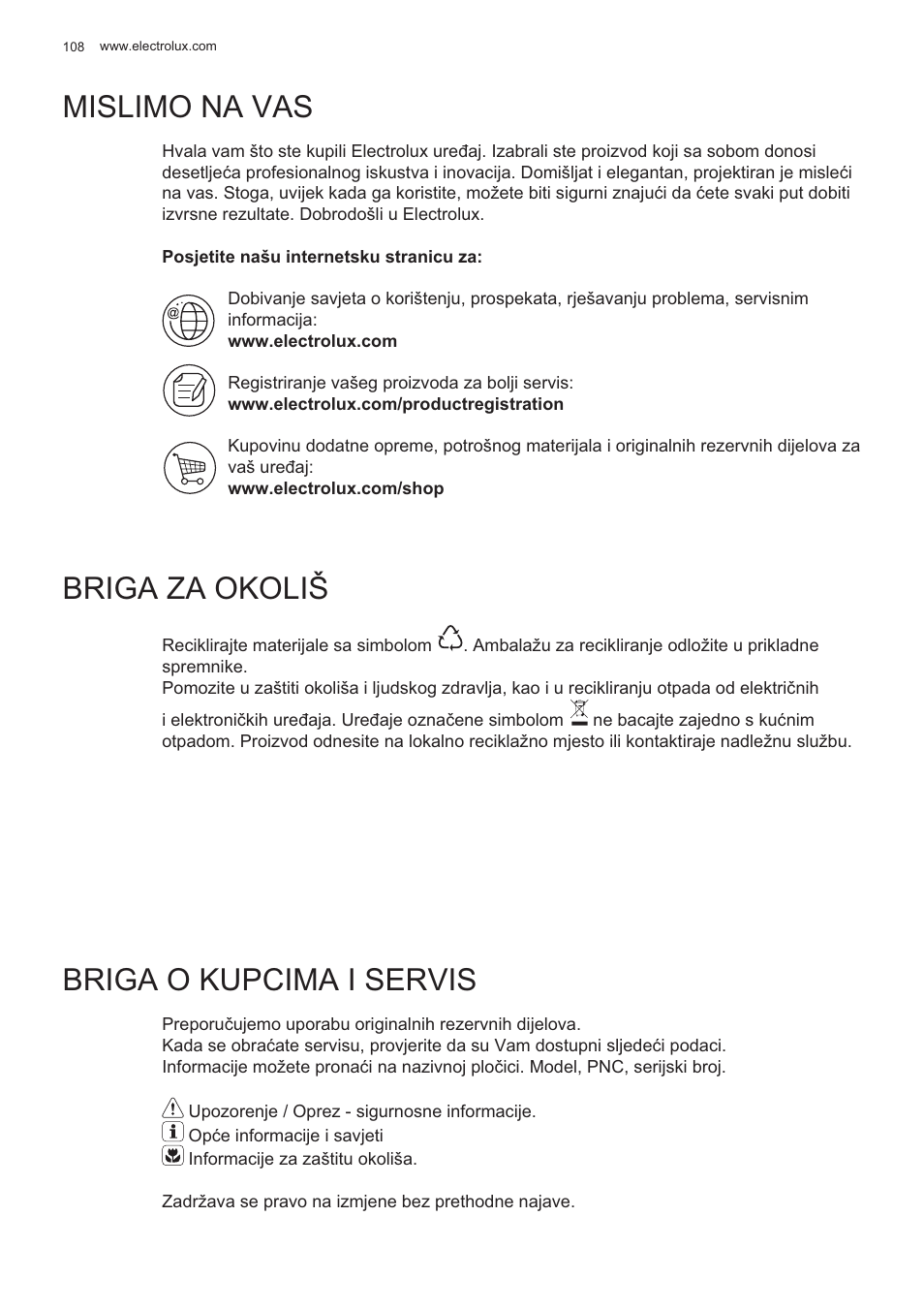 Mislimo na vas, Briga za okoliš, Briga o kupcima i servis | Electrolux EFP60426X User Manual | Page 108 / 160