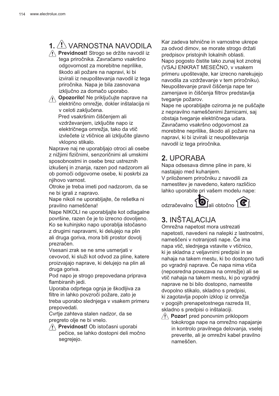 Varnostna navodila, Uporaba, Inštalacija | Electrolux EFP60426X User Manual | Page 114 / 160