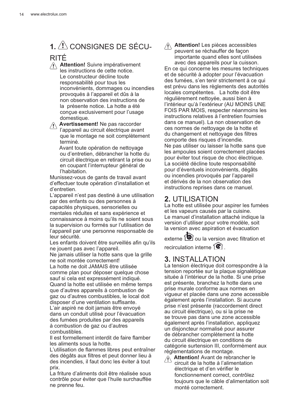 Consignes de sécu- rité, Utilisation, Installation | Electrolux EFP60426X User Manual | Page 14 / 160