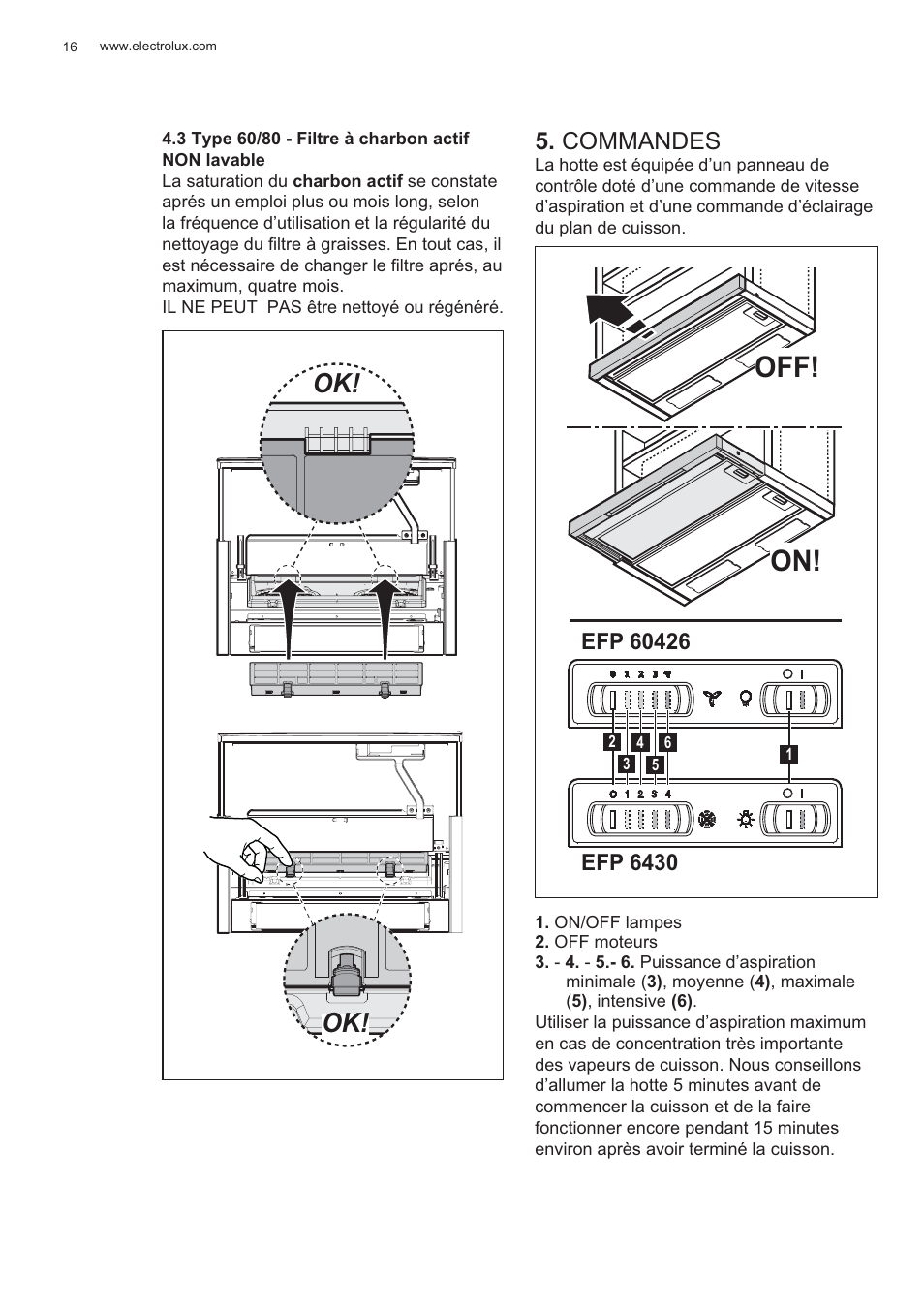 Off! on, Commandes | Electrolux EFP60426X User Manual | Page 16 / 160