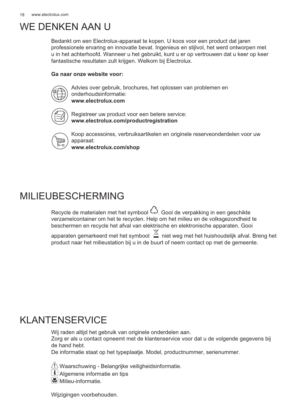 We denken aan u, Milieubescherming, Klantenservice | Electrolux EFP60426X User Manual | Page 18 / 160