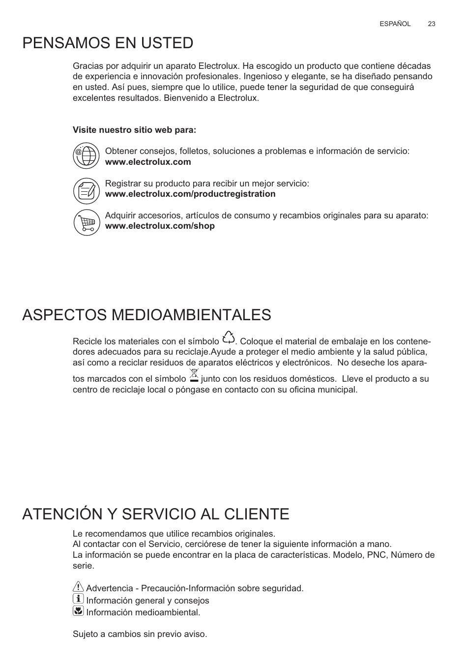 Pensamos en usted, Aspectos medioambientales, Atención y servicio al cliente | Electrolux EFP60426X User Manual | Page 23 / 160