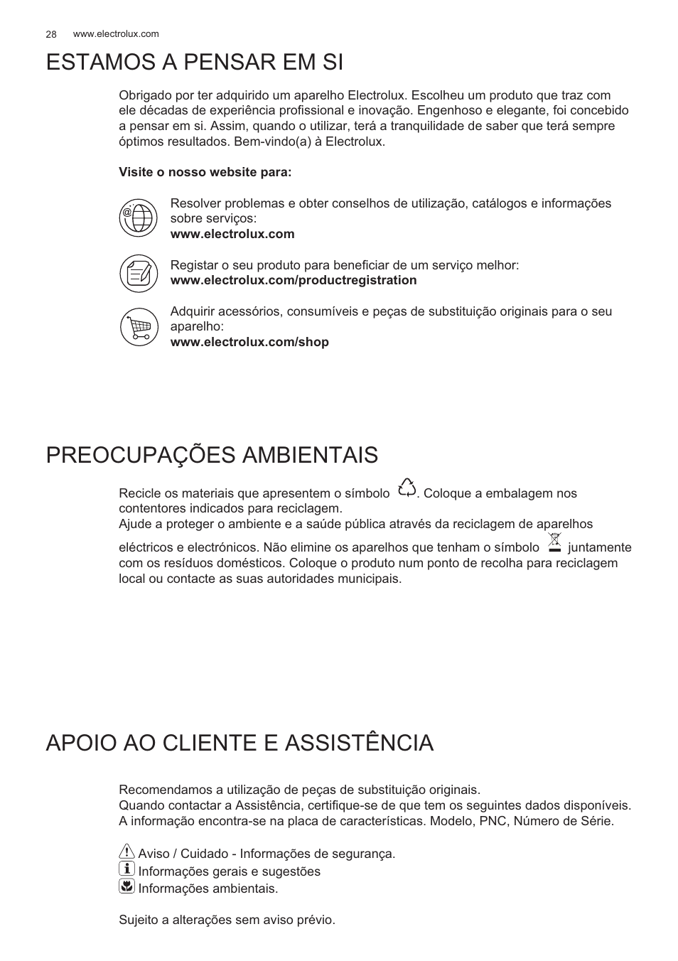 Estamos a pensar em si, Preocupações ambientais, Apoio ao cliente e assistência | Electrolux EFP60426X User Manual | Page 28 / 160