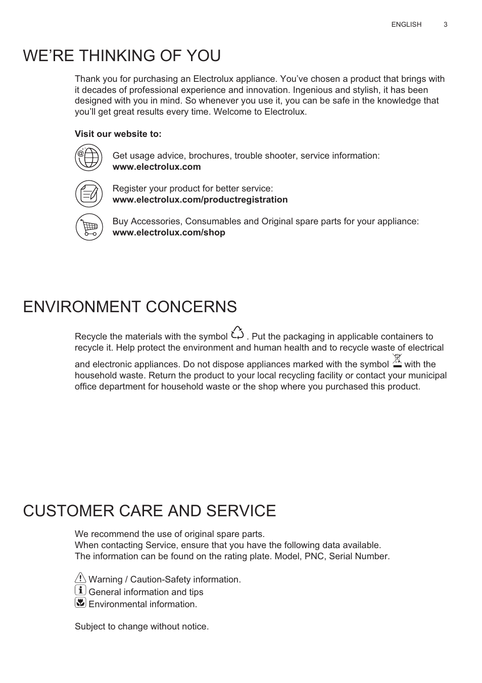 We’re thinking of you, Environment concerns, Customer care and service | Electrolux EFP60426X User Manual | Page 3 / 160