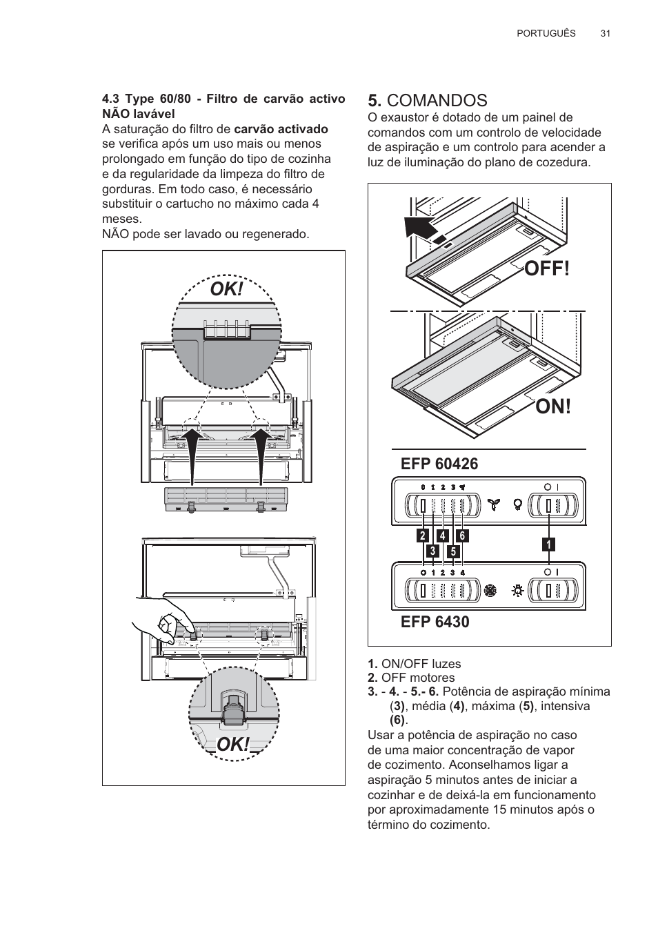 Off! on, Comandos | Electrolux EFP60426X User Manual | Page 31 / 160