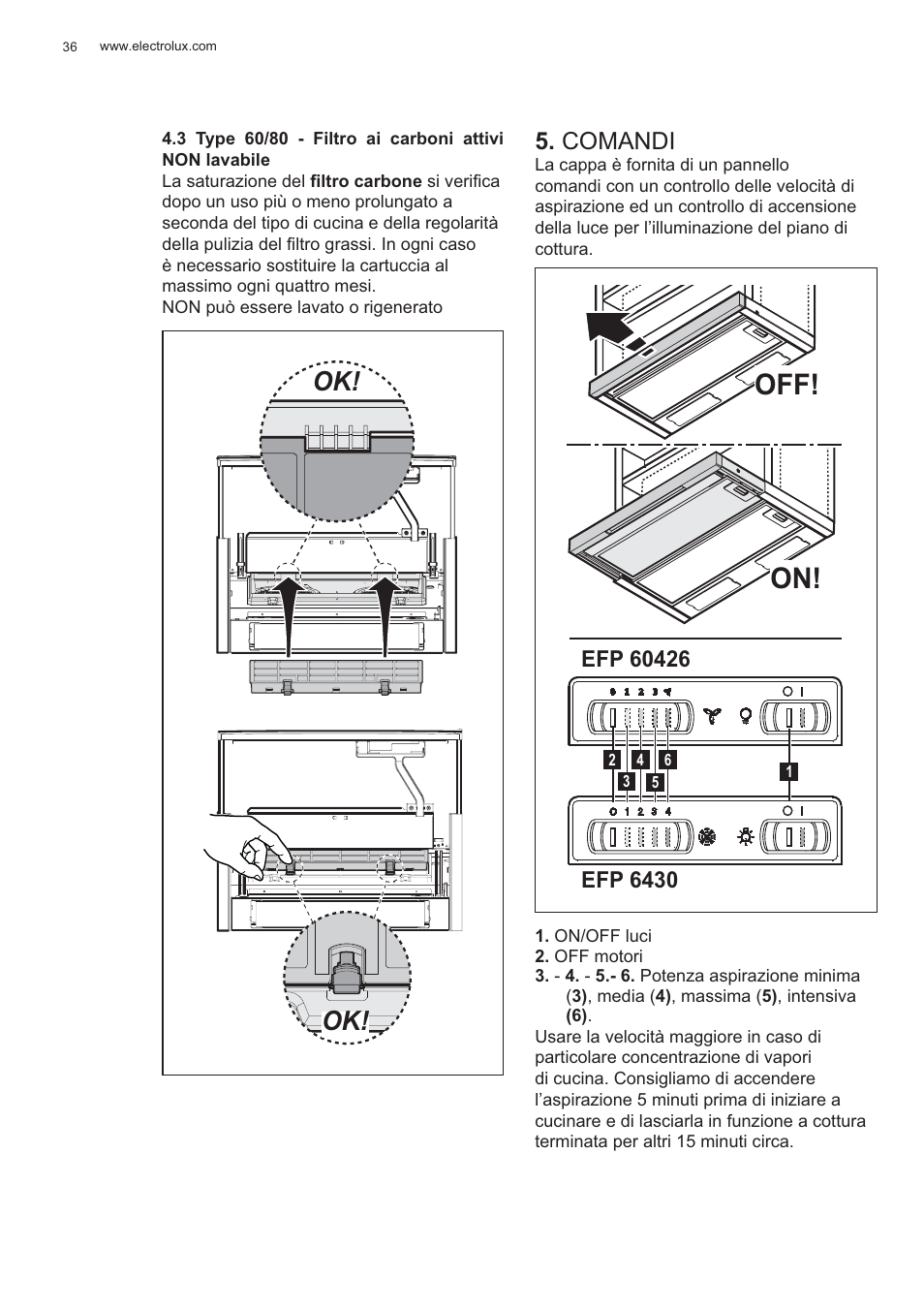 Off! on, Comandi | Electrolux EFP60426X User Manual | Page 36 / 160