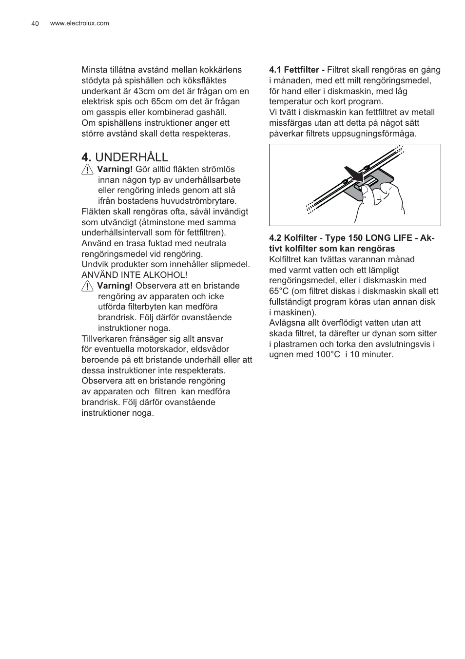Underhåll | Electrolux EFP60426X User Manual | Page 40 / 160