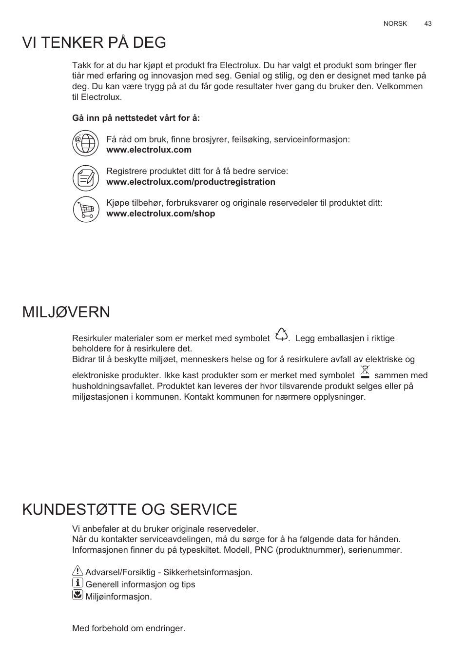 Vi tenker på deg, Miljøvern, Kundestøtte og service | Electrolux EFP60426X User Manual | Page 43 / 160