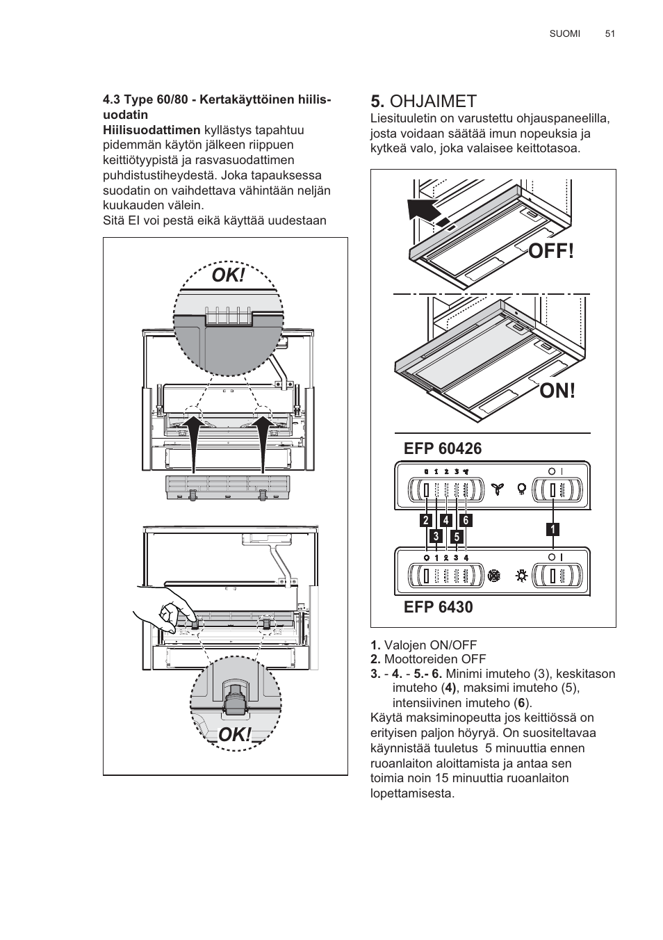 Off! on, Ohjaimet | Electrolux EFP60426X User Manual | Page 51 / 160