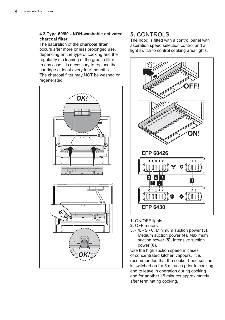 Off! on, Controls | Electrolux EFP60426X User Manual | Page 6 / 160