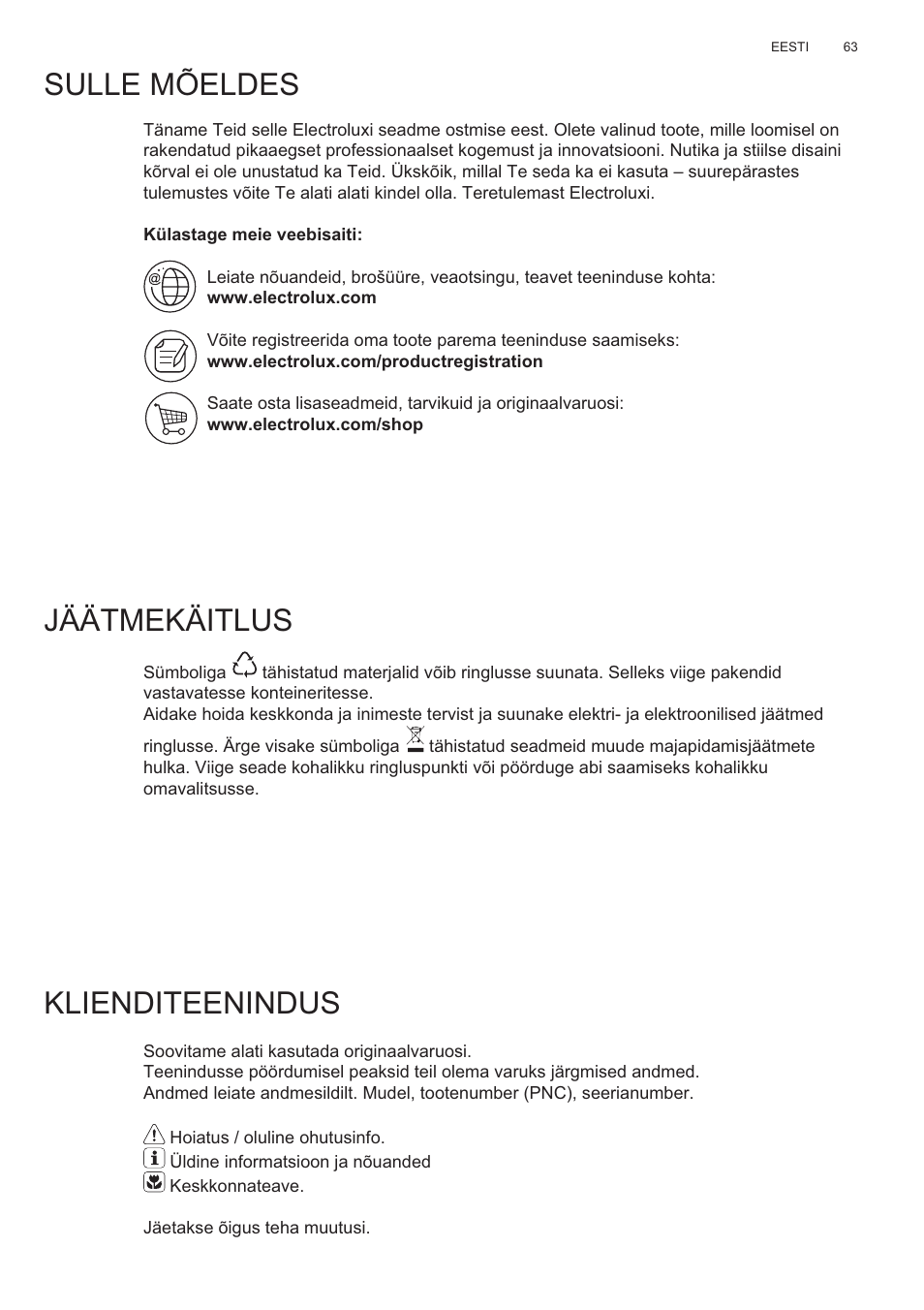 Sulle mõeldes jäätmekäitlus, Klienditeenindus | Electrolux EFP60426X User Manual | Page 63 / 160