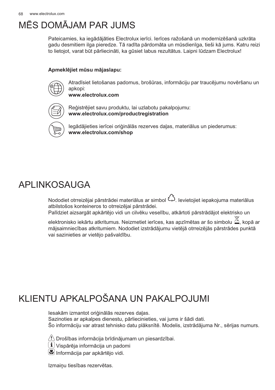 Mɯs domɩjam par jums aplinkosauga, Klientu apkalpošana un pakalpojumi | Electrolux EFP60426X User Manual | Page 68 / 160