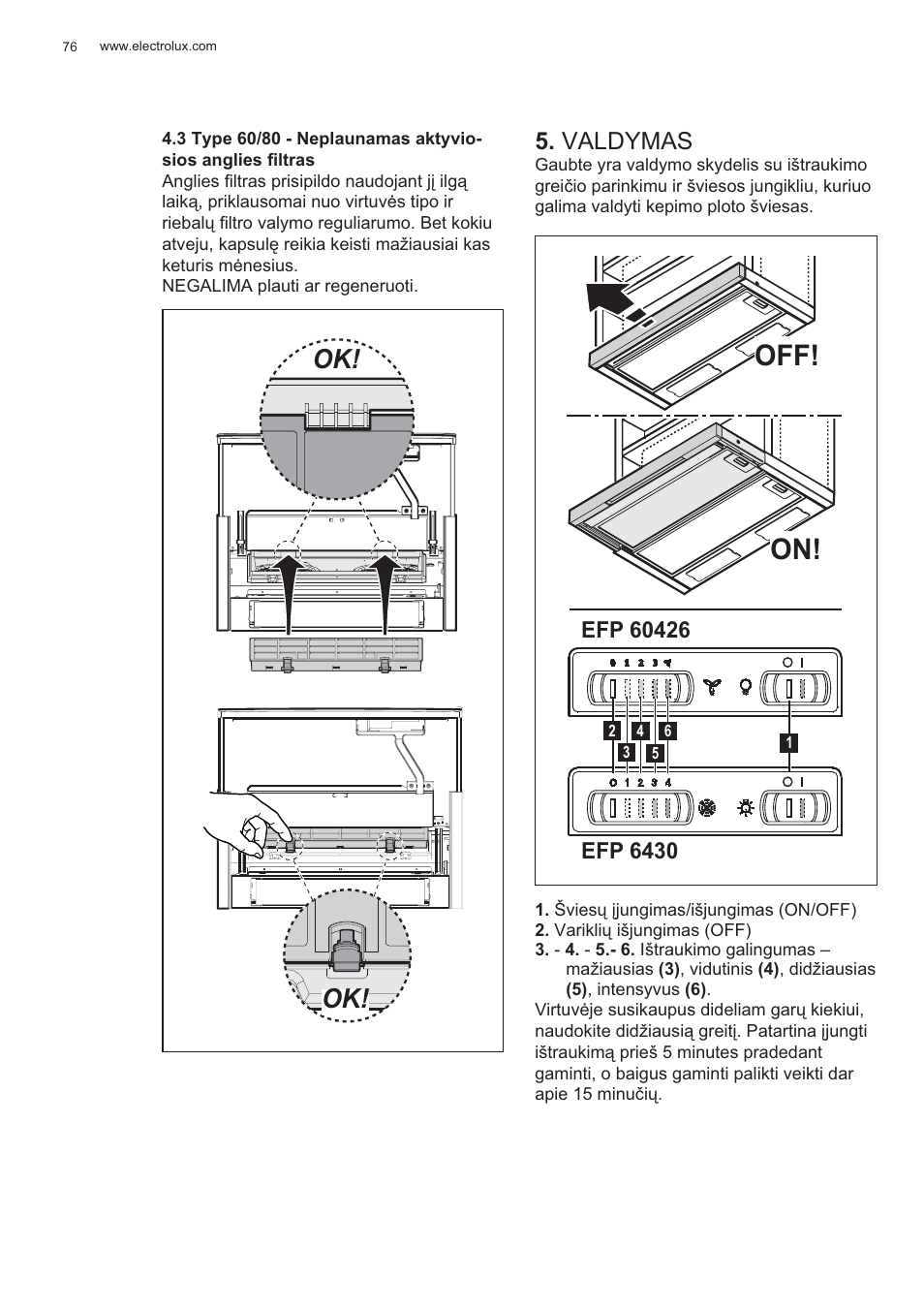 Off! on, Valdymas | Electrolux EFP60426X User Manual | Page 76 / 160