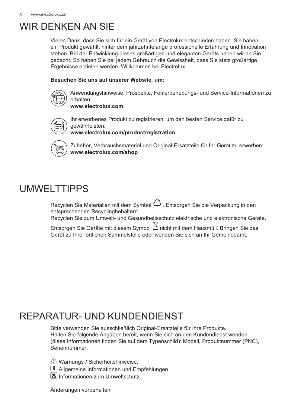 Wir denken an sie, Umwelttipps, Reparatur- und kundendienst | Electrolux EFP60426X User Manual | Page 8 / 160