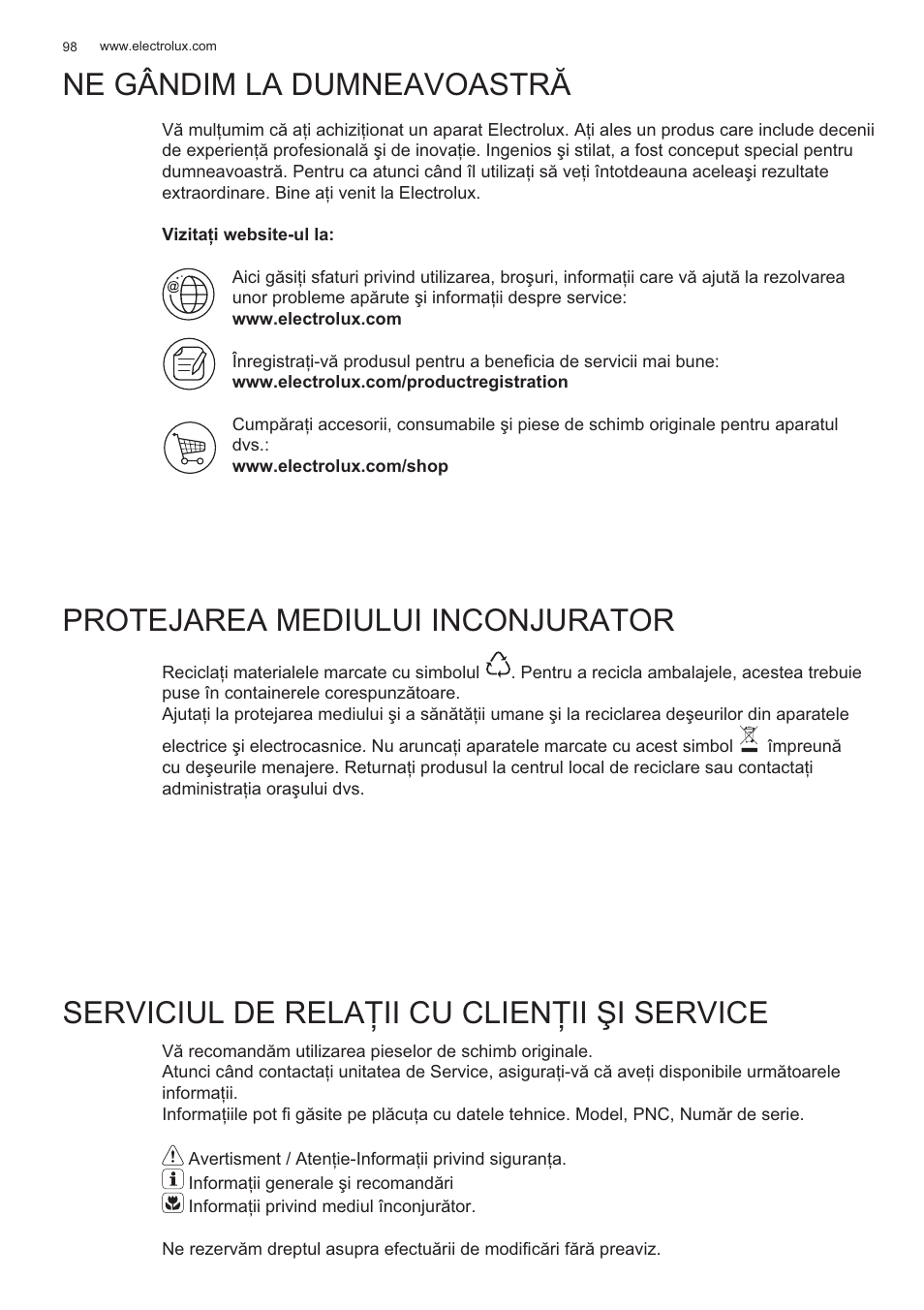 Ne gândim la dumneavoastr ă, Protejarea mediului inconjurator, Serviciul de rela ğii cu clienğii ùi service | Electrolux EFP60426X User Manual | Page 98 / 160