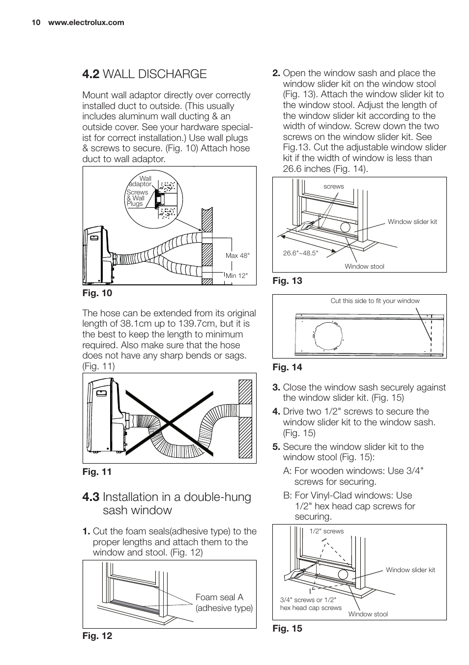 2 wall discharge, 3 installation in a double-hung sash window | Electrolux EXP09HN1WI User Manual | Page 10 / 100