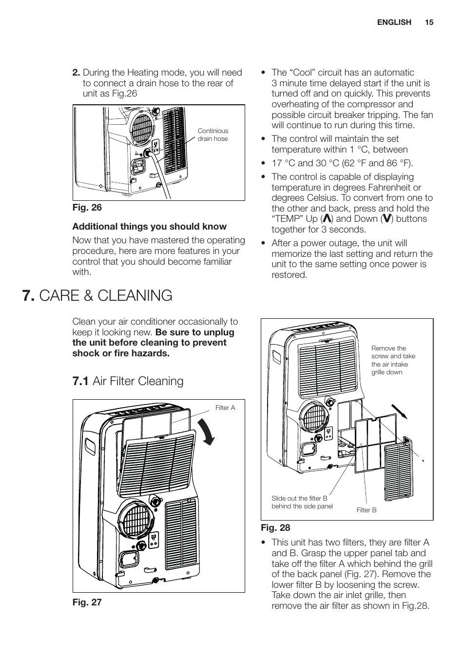 Care & cleaning, 1 air filter cleaning | Electrolux EXP09HN1WI User Manual | Page 15 / 100