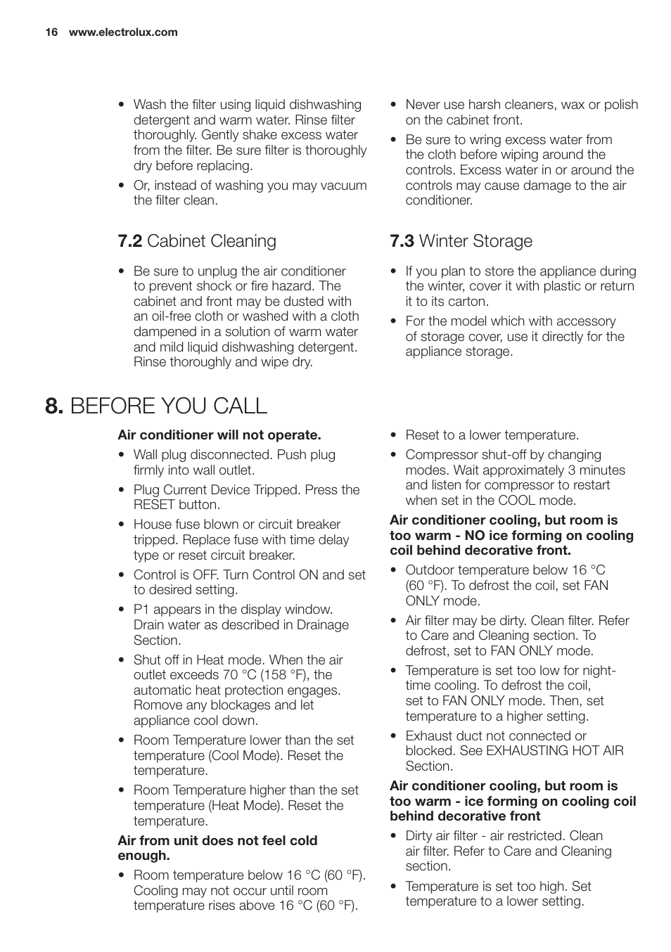 Before you call, 2 cabinet cleaning, 3 winter storage | Electrolux EXP09HN1WI User Manual | Page 16 / 100