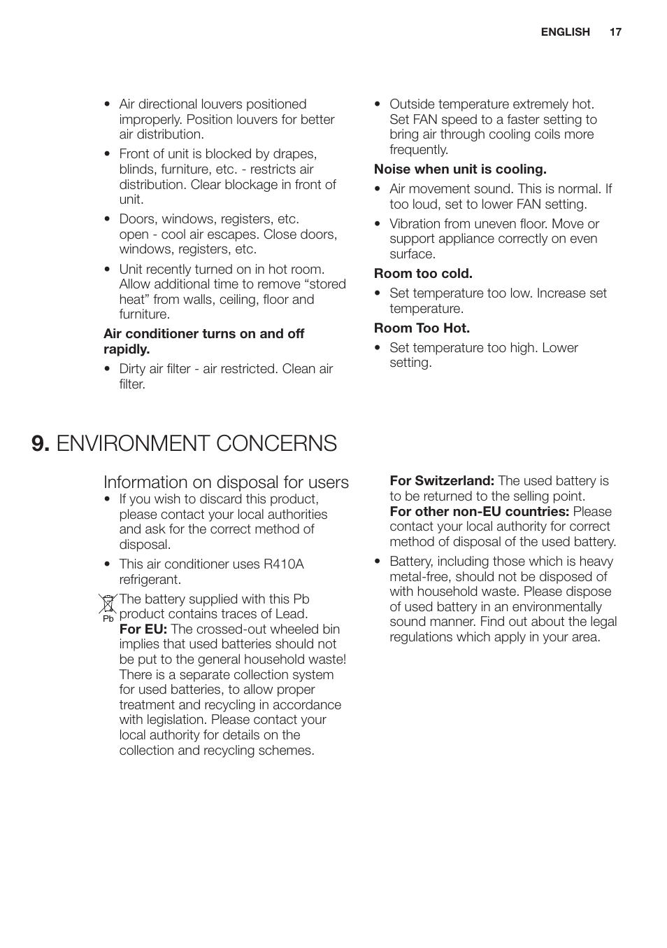 Environment concerns, Information on disposal for users | Electrolux EXP09HN1WI User Manual | Page 17 / 100