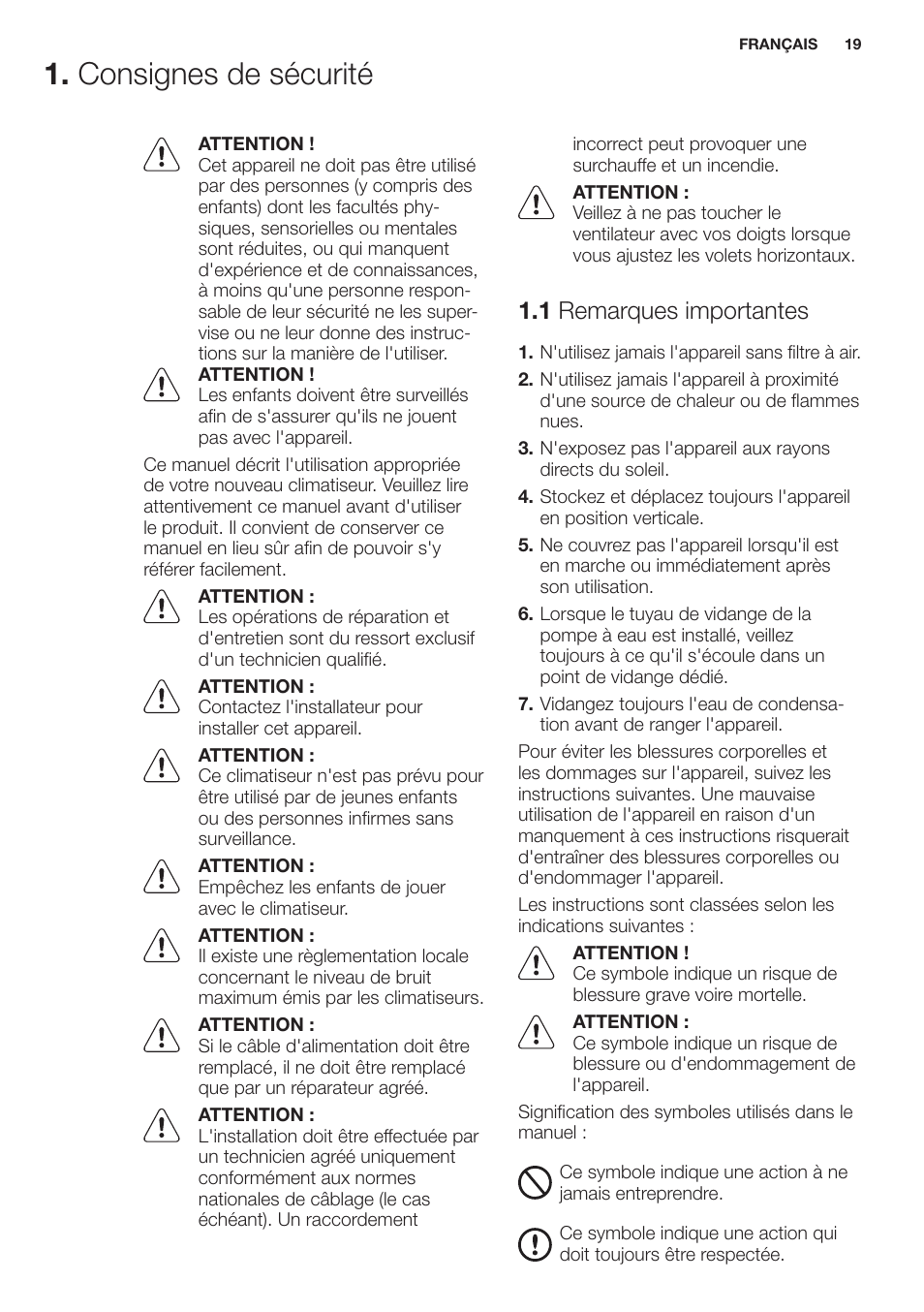 Consignes de sécurité, 1 remarques importantes | Electrolux EXP09HN1WI User Manual | Page 19 / 100