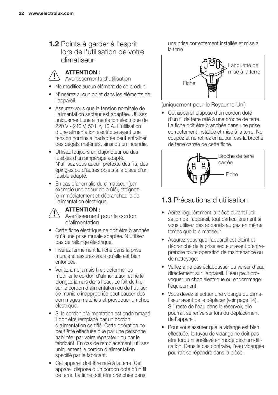 3 précautions d'utilisation | Electrolux EXP09HN1WI User Manual | Page 22 / 100