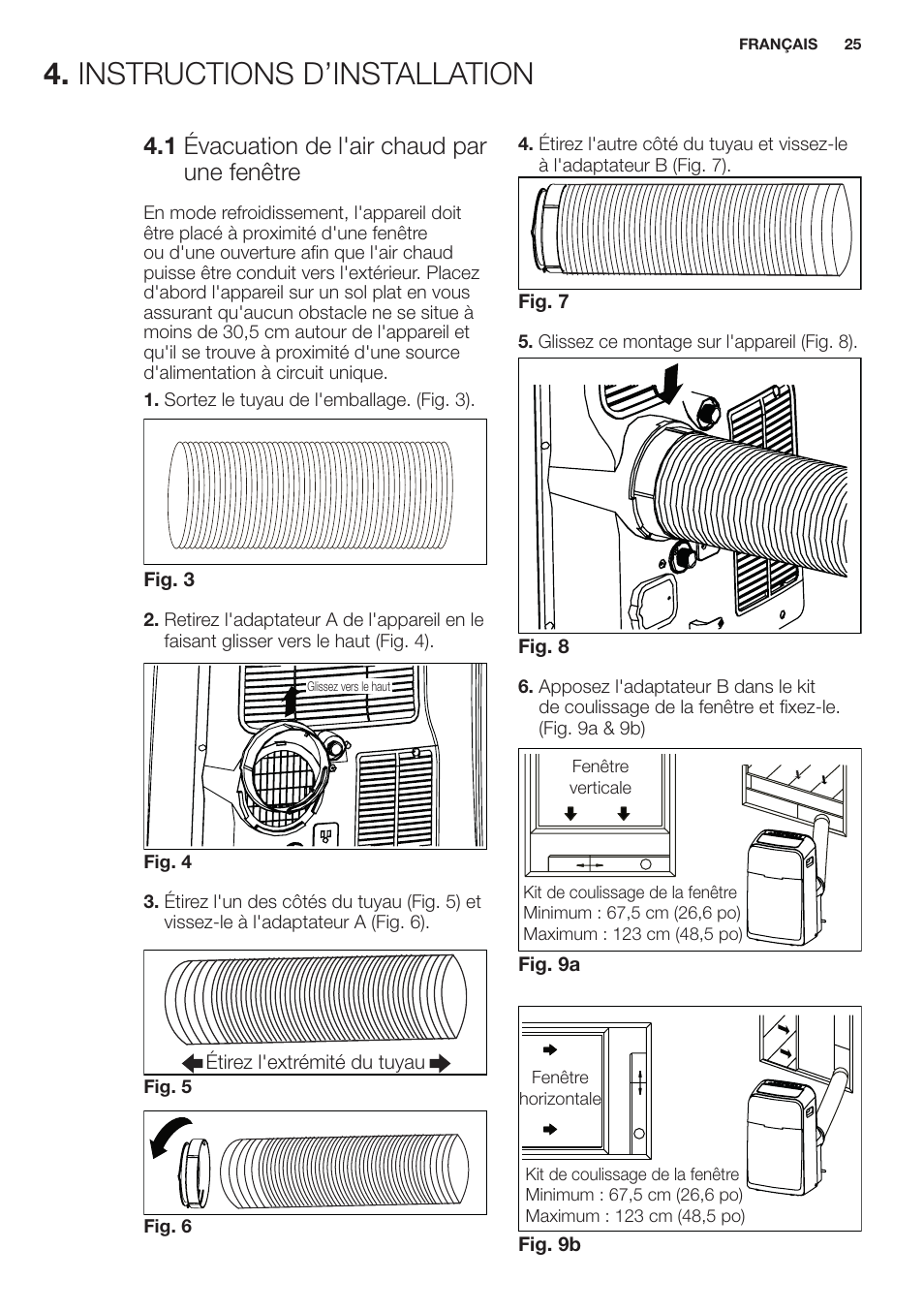 Instructions d’installation, 1 évacuation de l'air chaud par une fenêtre | Electrolux EXP09HN1WI User Manual | Page 25 / 100