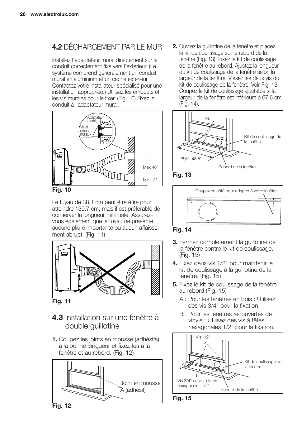 2 déchargement par le mur, 3 installation sur une fenêtre à double guillotine | Electrolux EXP09HN1WI User Manual | Page 26 / 100