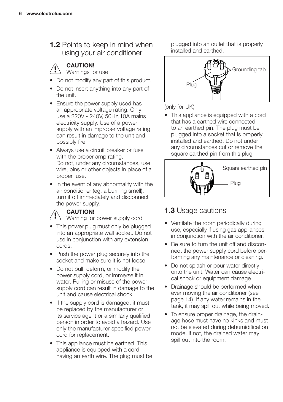 3 usage cautions | Electrolux EXP09HN1WI User Manual | Page 6 / 100