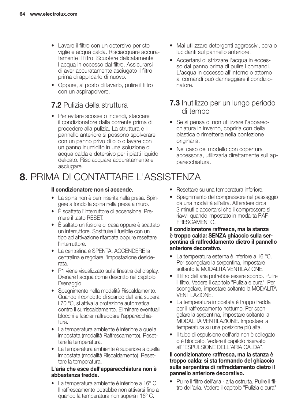 Prima di contattare l'assistenza, 2 pulizia della struttura, 3 inutilizzo per un lungo periodo di tempo | Electrolux EXP09HN1WI User Manual | Page 64 / 100