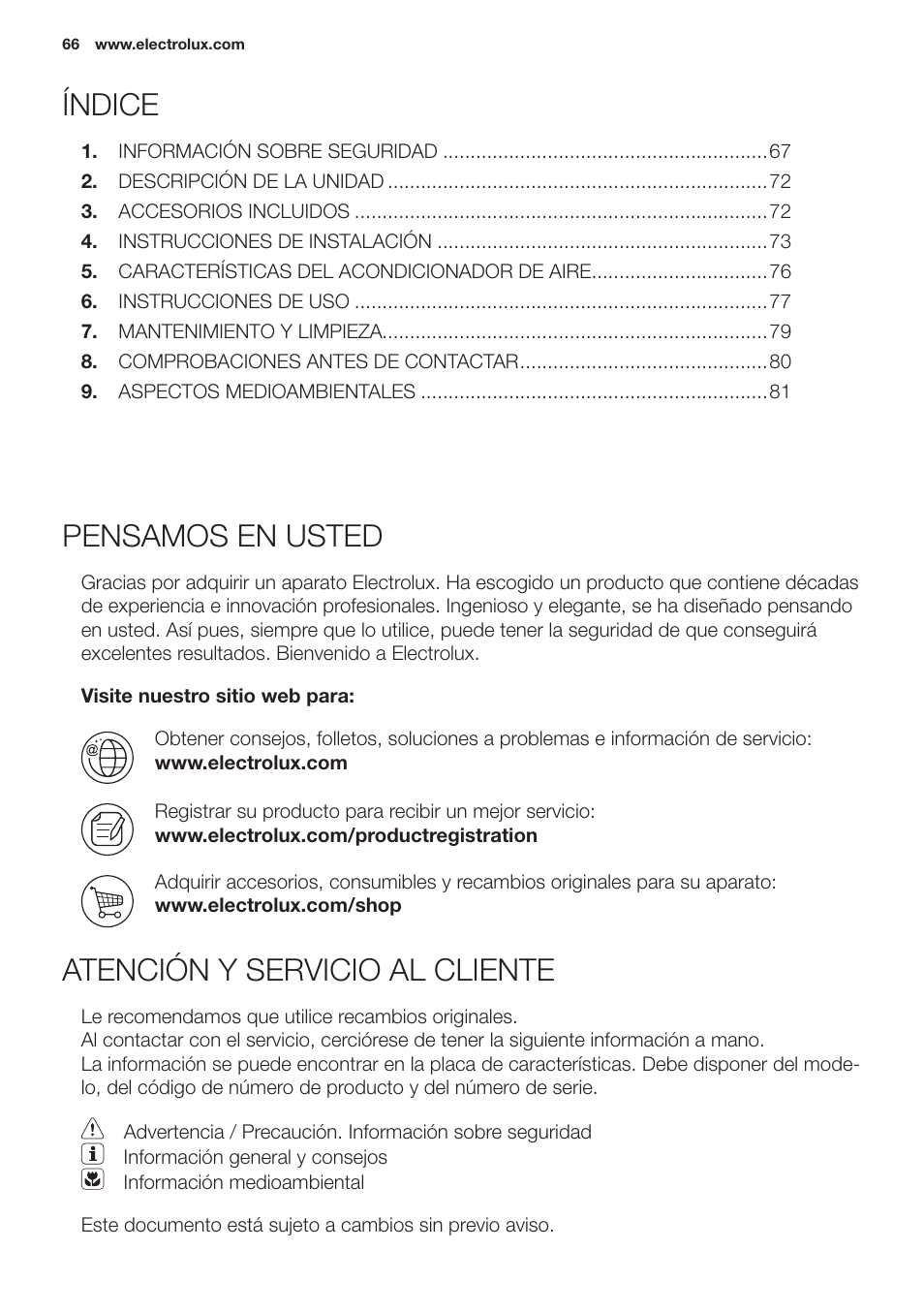 Pensamos en usted, Atención y servicio al cliente, Índice | Electrolux EXP09HN1WI User Manual | Page 66 / 100