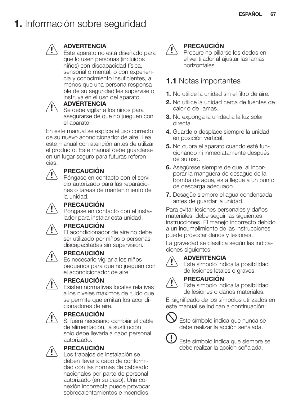 Información sobre seguridad, 1 notas importantes | Electrolux EXP09HN1WI User Manual | Page 67 / 100