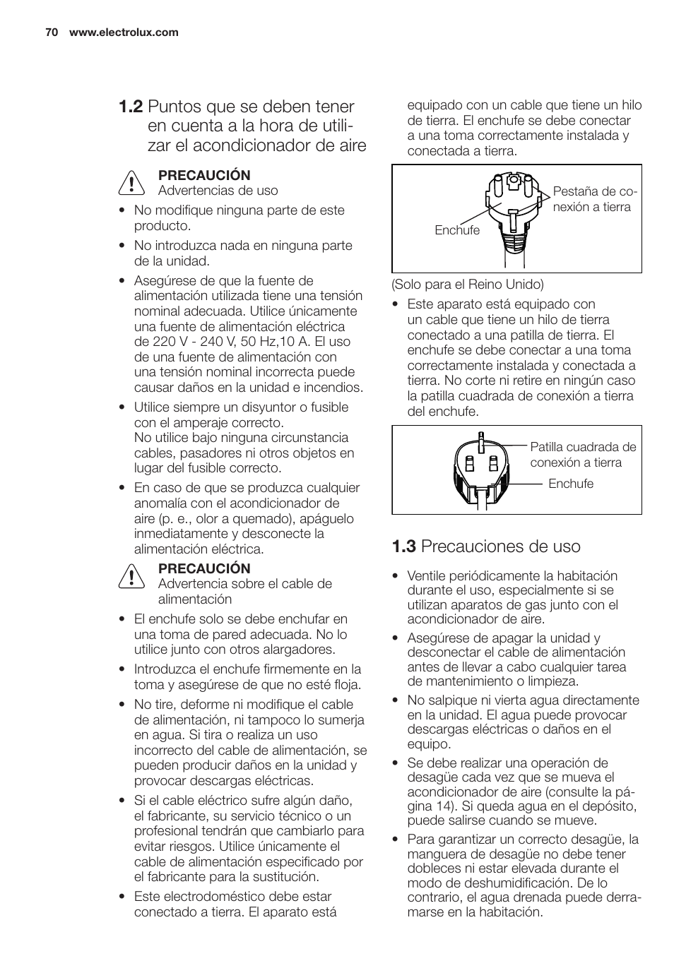 3 precauciones de uso | Electrolux EXP09HN1WI User Manual | Page 70 / 100