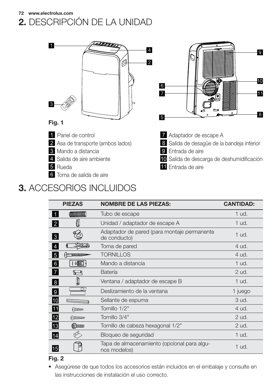 Descripción de la unidad 3. accesorios incluidos | Electrolux EXP09HN1WI User Manual | Page 72 / 100